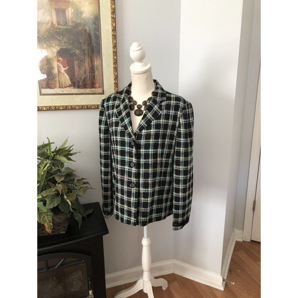 Vintage Requirements Womens Blazer Jacket Black Green Plaid‎ Long Sleeve Size 14